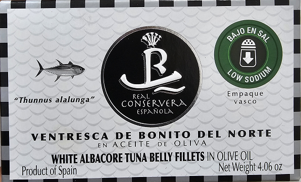 Doplňková Výživa - Bílý tuňák Albacore LOW SODIUM (100% břišní část v olivovém oleji) - Realconservera 115g