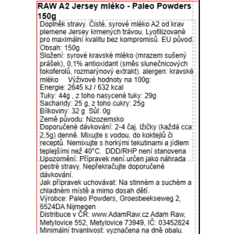 RAW A2 Jersey mléko (syrové, sušené mrazem, grass fed) Paleo powders 150g