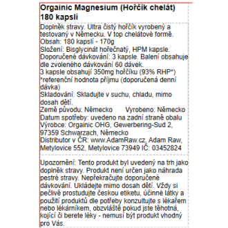 Orgainic Magnesium (Hořčík chelát) 180 kapslí