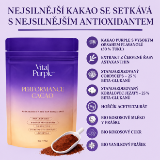 PERFORMANCE Fialové raw kakao s funkčními houbami a astaxanthinem - Vital Purple™ 170g